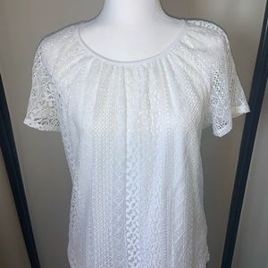 White lace short sleeve blouse size L